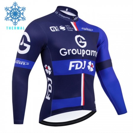 Wielershirt 2025 Groupama FDJ Lange Mouw Winter Thermal Fleece Zwart Blauw